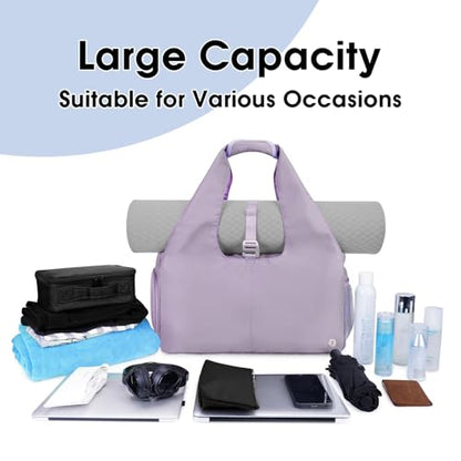 Sportsnew Tote Yoga Mat Gym Bag 20L Women W/Shoe Compartment Wet Dry Pocket | Water-Resistant Gym Tote - Mat Strap, Ventilated Shoe Bin, Wet Pocket, Padded Handle, Multi Pockets, Side Mesh & Key Clip - color: Purple