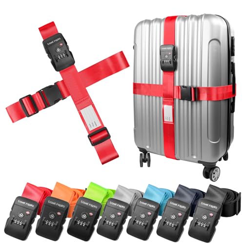 Travel Inspira Heavy Duty Luggage Straps with TSA Lock | Cross-Strap Design; 103-200cm Length; TSA Lock with Tag; Nylon Webbing; Quick Buckle; High Visibility Red;Anti-Burst - color: Cross Red-New