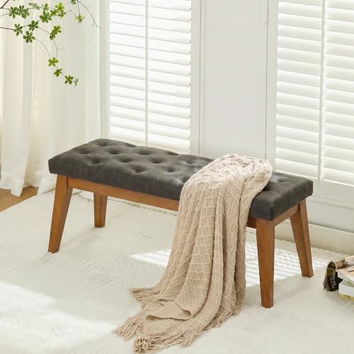 43.5" Padded Button Tufted Faux Leather End of Bed Bench, Charcoal Gray - color: Charcoal Gray-pu-tufted