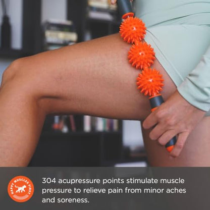 Tiger Tail Pressure Point Muscle Roller Massage Stick, The Spiky Roller, 17" Roller with Three 2.25" Independently Rolling Spiked Balls (Acupressure Roller)