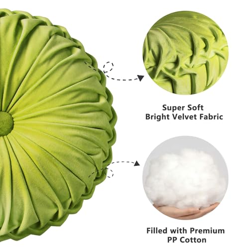HIG Set of 2 Apple Green Velvet Decorative Round Pleated Throw Pillows - color: Apple Green
