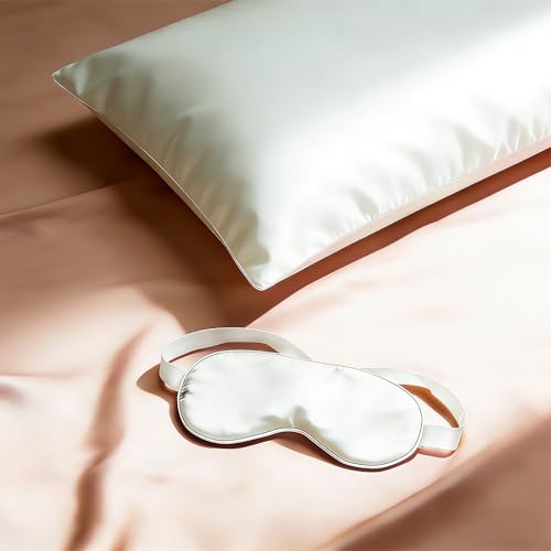 100% Mulberry Silk Sleep Mask with Eye Steam Pocket and Velvet Elastic Band, Luxury 22mm Silk Eye Mask for Nap Sleeping Relaxation and Traveling, Gift Package, Pearl White - color: White