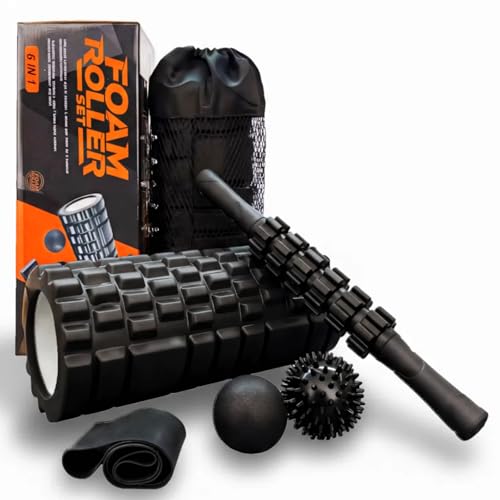 Aucuu 6 in 1 Foam Roller Set Includes Hollow Core Massage Roller, Yoga Stick, Massage Ball, Fitness Stretching Strap, Carrying Bag, Towel, Massage Roller (Black) - color: Black