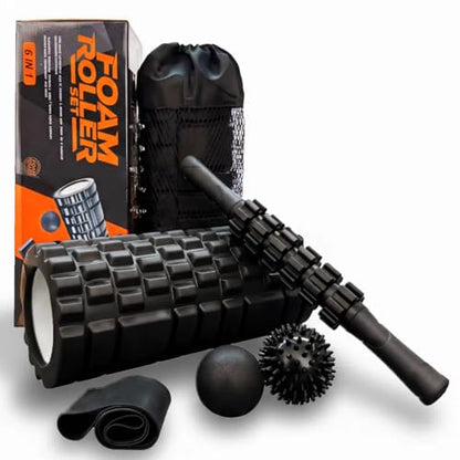 Aucuu 6 in 1 Foam Roller Set Includes Hollow Core Massage Roller, Yoga Stick, Massage Ball, Fitness Stretching Strap, Carrying Bag, Towel, Massage Roller (Black) - color: Black