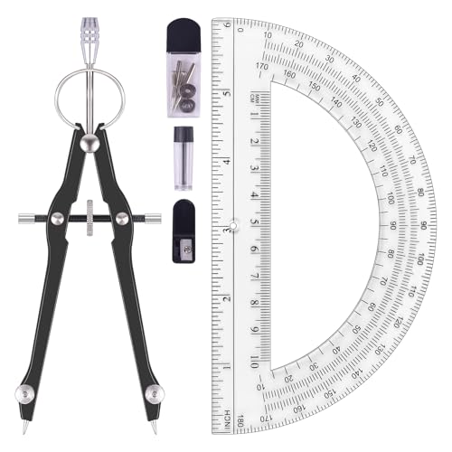Unjoo Compass and Protractor Set, Math Compass for Geometry (Black) | Professional Drawing Compass Tool, Metal Compass with Extra Refills, 6 Inch Math Protractors 180 Degree, For School, Office - color: Black