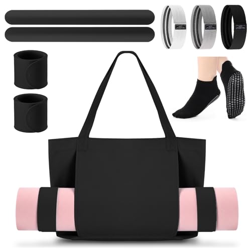 Halloscume Yoga Mat Bag Set for Women Including Yoga Tote Bag (Without Mat) Booty Resistance Bands Non Slip Sports Socks Silicone Ties for Pilates Travel Workout Office Home Gym - color: Black