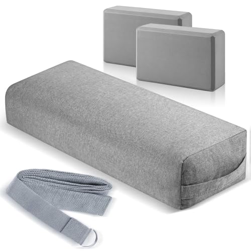 4 Pcs Yoga Bolster Pillows Blocks with Strap Set Comfortable Meditation Pillow with Carry Handle for Restorative Non Slip Reusable Yoga Blocks for Balance, Pilates, Washable Cover - color: Gray