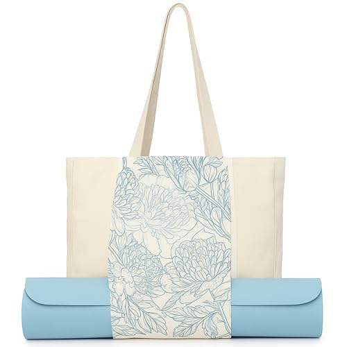 Large Canvas Yoga Tote Bag with Yoga Mats Bags Carrier - color: Beige & Floral