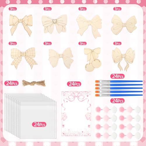Saypacck 24 Pcs Pink Bow Party Favors Wooden Paint Craft Kits | Bow Themed Craft Activity, Girly Bow Designs for Birthday Parties, Bulk Favors for Goodie Bags, - style: Bowknot Style