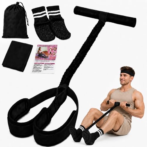 Sit Up Pedal Resistance Band, Upgraded Stitched Core Workout Equipment, 3-in-1 Anti-Snap Pull Rope Stretching Kit with Non-Slip Yoga Socks & Sports Headband - color: C-Black, size: 75LB