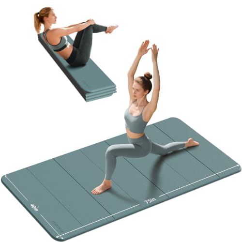 PAIDU Foldable Yoga Mat 10MM Thick 75‘’x40‘“ Quick Fold Easy Storage - color: Deep green+Black