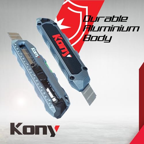 Kony Heavy-Duty Retractable Utility Knife, 18mm Snap-Off Box Cutter | 10 Extra SK5 Blades, Aluminum Body, Ruler & Bubble Level, For Cardboard, Carpet, Crafts & DIY