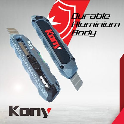 Kony Heavy-Duty Retractable Utility Knife, 18mm Snap-Off Box Cutter | 10 Extra SK5 Blades, Aluminum Body, Ruler & Bubble Level, For Cardboard, Carpet, Crafts & DIY
