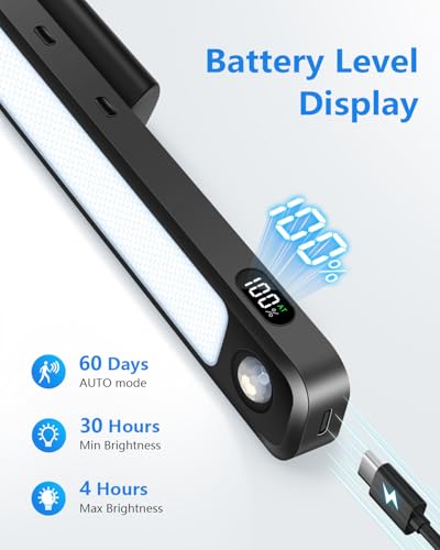 Ferswe 3W Motion Sensor Magnetic Light Bar,Eye-Friendly Rechargeable Closet Lights with Battery Display,2000mAh Vanity Lights for Mirror, Rechargeable Light Bar for Cabinet, Closet, Bathroom and Desk
