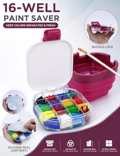 16-Well Airtight Empty Palette Box with Lid & Foldable Water Cup, Pink | Compact Travel Design, Refillable Paint Storage Suitable for Guache, Watercolor & Acrylic - color: Pink