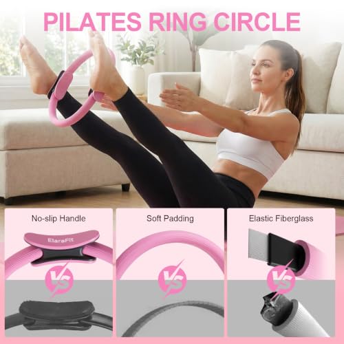 Home Pilates Ring and Ball Set for Women with 5 Resistance Bands 13 inch Magic Circle Workout Starter Kit for Beginners Full Body Toning 15 Min Daily Routine - color: All Pink