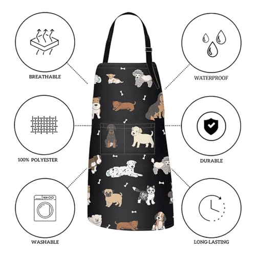 Apron with Pockets, 32x28 inch, for Women Men, Dog | Labrador Puppy Doodle Waterproof Adjustable Bib Aprons for Kitchen Cooking Baking Painting Gardening - color: Dog