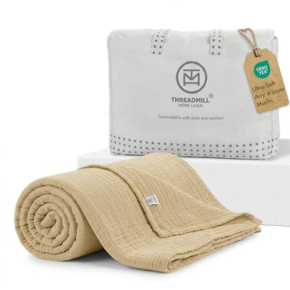 Threadmill Cotton Twin Blanket, Muslin, Beige, Prewashed, All-Season | 100% Cotton, Muslin Weave, Breathable, All-Season, Lightweight, OEKO-TEX Certified, Machine Washable - color: Beige, size: Twin