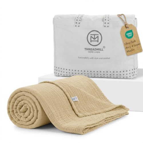 Threadmill Cotton Twin Blanket, Muslin, Beige, Prewashed, All-Season | 100% Cotton, Muslin Weave, Breathable, All-Season, Lightweight, OEKO-TEX Certified, Machine Washable - color: Beige, size: Twin