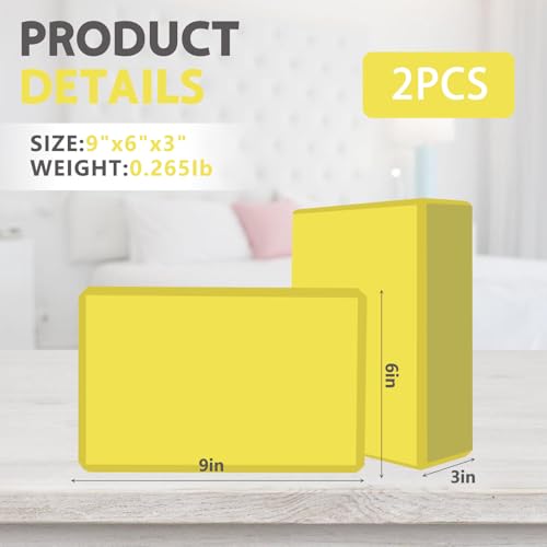 9"x6"x3" Yoga Blocks, Soft Non-Slip Surface Premium Foam Blocks, Supportive, Lightweight, Odor Resistant, Yoga Accessories for Pilates Meditation General Fitness Stretching Toning - color: yellow-2 Pack