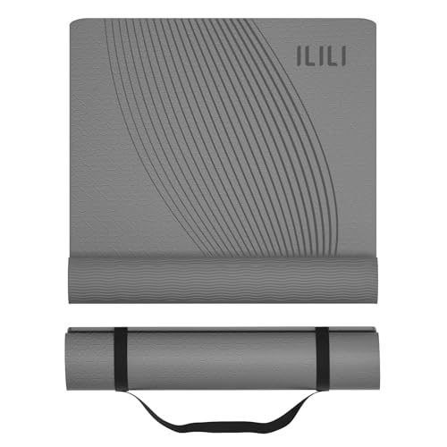 ILILI Exercise Mat 72''x25''×0.3''(8MM) | Compact Eco Friendly TPE Yoga Mat for Pilates & Fitness, Tear Resistant with Carry Strap for Home Gym Studio Stretching - color: grey