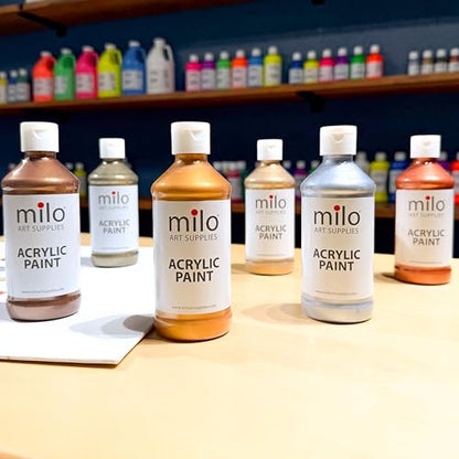 milo Metallic Acrylic Paint Set, 6 Metallic Colors, 4 oz Bottles | Safe and AP Non-Toxic, Made in the USA, Arts & Crafts Paints for Artists, Student & Hobby Painters, Paint Pack, Multi-Media - style: Metallic Set 6 x 4 oz