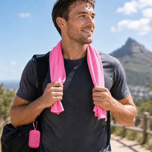 1Pcs Quick Dry Towel with Portable Silicone Case, Quick Dry Absorbent Microfiber Sweat Compact Towels for Sports Gym Swimming Yoga Beach Camping, Pink - color: Pink
