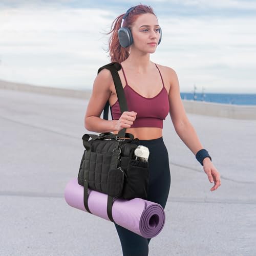 Small Gym Bag for Women, Puffy Sports Duffel Bag with Yoga Mat Holder - color: Black, size: Small