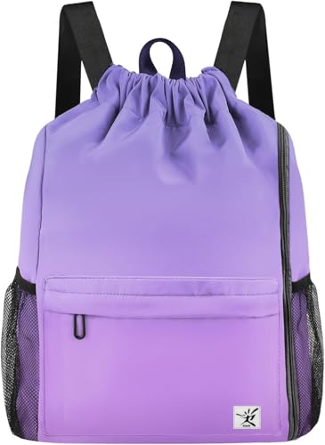 Waterproof Drawstring Backpack Sports Gym Sackpack with Mesh Pockets Water-Resistant String Cinch Beach Bag for Men Women - color: Gradient Purple