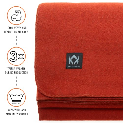 Arcturus Military Wool Blanket - Warm, Thick, Washable - Great for Outdoors, Camping, Stadium Blanket, Picnics, Travel - Car & Bushcraft Survival Kits - color: Rust, size: Twin