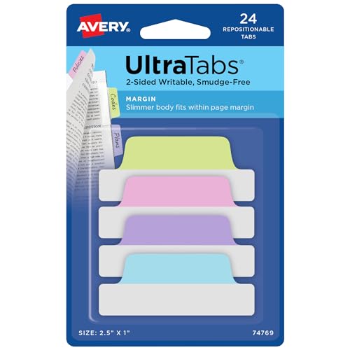 Avery Margin Ultra Tabs, 24 Repositionable Sticky Tabs, 2.5" x 1", 2-Side Writable Page Markers in Assorted Pastel Colors, 72 Pack (74769) - color: Assorted Pastel, style: 1,728 tabs