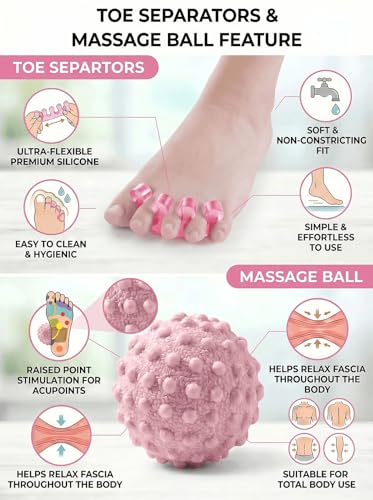 4-Piece Toe Spreaders and Foot Massage Ball Kit | 2 Pairs Gel Toe Stretchers & 2 Spiky Massage Balls for Bunion Relief, Plantar Fasciitis, Foot Pain(Pink) - color: Pink
