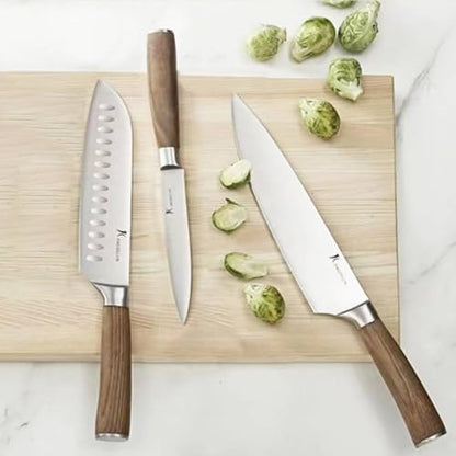 kangdelun Ultra Sharp 4-Piece Chef Knife Set, 50Cr15MoV High-Carbon Stainless Steel, Torrefied Brown Ash Wood Handles, Magnetic Gift Box