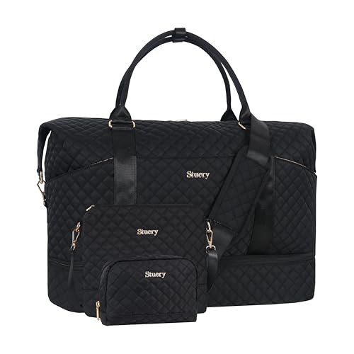 Weekender Bag, Large Travel Duffel Bag for Women, Carry on Overnight Bag with Shoe Compartment and Toiletry Bags - color: I-3PCS Black