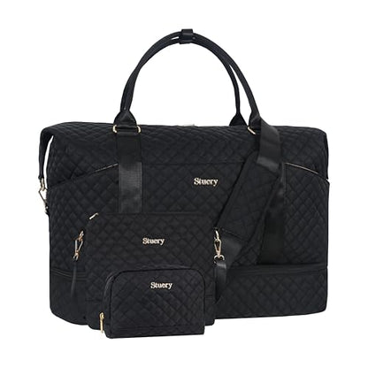 Weekender Bag, Large Travel Duffel Bag for Women, Carry on Overnight Bag with Shoe Compartment and Toiletry Bags - color: I-3PCS Black