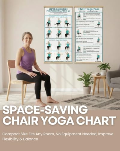 2PC-Chair Yoga & Seated Exercise Poster for Seniors & Beginners ,Extra Large Font Fabric Wall Chart with Hanging Rod & String , Durable Foldable Guide for Home/Office (Lower Body Strength & Upper Body Mobility) (off-white)