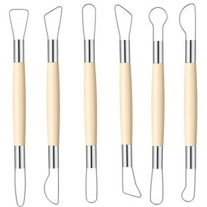 6PCS Double-Sided Clay Sculpting Tool Set, Wooden Handle Pottery Trimming Tools with Stainless Steel Wire Loop, Clay Carving Sculpture Kit for Ceramics Wax Pottery