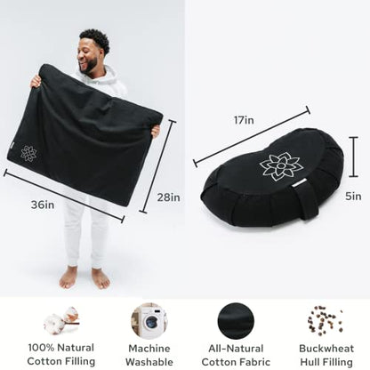 Mindful & Modern Meditation Cushion & Zabuton Meditation Mat Bundle - 100% Cotton Meditation Cushion Set for Yoga - Buckwheat Crescent Shaped Zafu Floor Pillow Rectangular Mat - Minimal Black Color