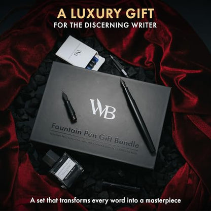 Wordsworth & Black Fountain Pen Gift Set, Medium & Extra Fine Nib,All Black | For Men & Women, Brass Body, 18K German Iridium, Ink Bottle + 6 Cartridges, Converter, Writing & Calligraphy, Journaling - color: All Black