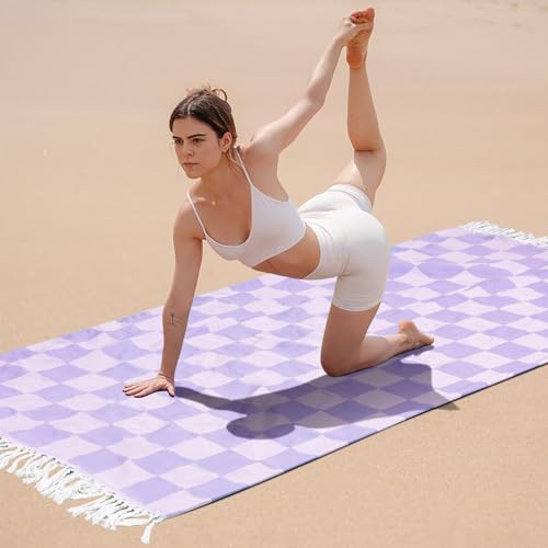 Extra Large Turkish Beach Towel Picnic Mat Throw Blanket Bathroom Quick Dry Essentials Swim Poolside Pool Accessories Swim Must Haves Hot Tub Items Spa Gadgets Adult Women Large Towel Things Stuff - color: Checked Purple, size: Extra Large 50'' x 70''