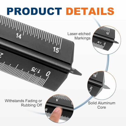 HARFINGTON 2 Pcs Architectural Scale Ruler, 12 Inch Metric Aluminum Alloy Architect Triangular Small Scale Laser-Etched Blueprint Drafting Ruler for Architects Engineers, Black - color: Black, size: 12 Inch