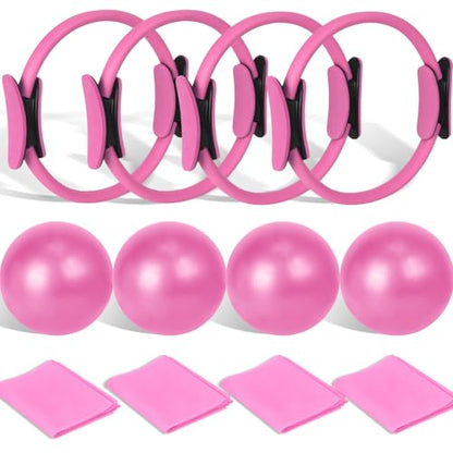 Pilates Ring and Ball Set Bulk, Pilates Equipment with 12 Inch Pilates Circle Rings, Small Yoga Balls, Resistance Bands, Pilate Essential Kit Bulk for Home Workouts Women, Pilates & Yoga Studio - color: Pink