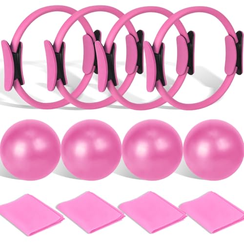 Pilates Ring and Ball Set Bulk, Pilates Equipment with 12 Inch Pilates Circle Rings, Small Yoga Balls, Resistance Bands, Pilate Essential Kit Bulk for Home Workouts Women, Pilates & Yoga Studio - color: Pink