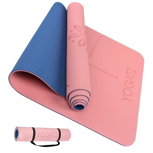 YOGATI® 정렬 라인이 있는 스트랩이 달린 요가 매트. 여성, 남성 및 아동용 홈 운동 매트. 필라테스와 피트니스를 위한 두꺼운 미끄럼 방지 요가 매트. 브라운, 핑크 및 퍼플 요가 매트 - color: 핑크