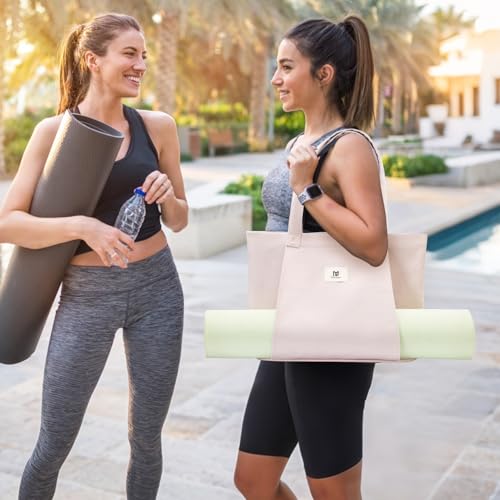 Moyaqi Canvas Tote Bag with Yoga Mat Carrier Pocket Carryall Shoulder Bag for Office, Workout, Pilates, Travel, Beach and Gym - color: Light Pink