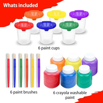 Kids Painting Set, Washable Paint for Kids & Paint Cups Toddler Gift Bundle | Includes 6 Tempera Paints (2 oz EA), 6 Paint Cups, 6 Brushes for Mess-Free & Spill-Proof Finger Paint Crafts, Non-Toxic Kit