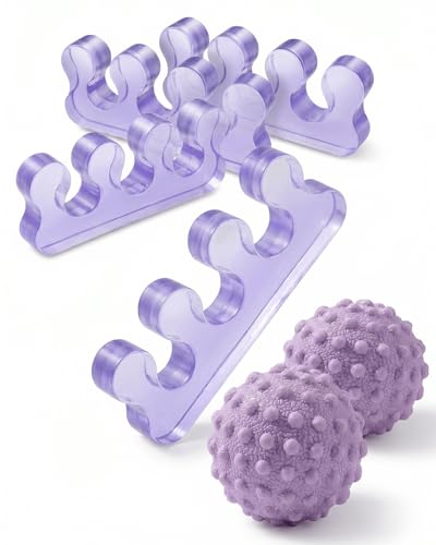 4-Piece Toe Spreaders and Foot Massage Ball Kit | 2-Pair Gel Spacers, 2 Massage Balls, Foot Relaxation, Dancers, Runners, High Heels, Purple - color: Purple
