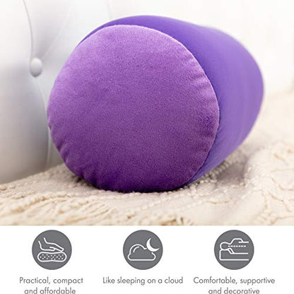 Microbead Bolster Neck Roll Pillow, 14x8 in Cylinder Tube, Dark Lavender | Silky feel fabric helps prevent wrinkles & hair breakage; feather-light beads gently cushion head & shoulders as you rest - color: Dark Lavender