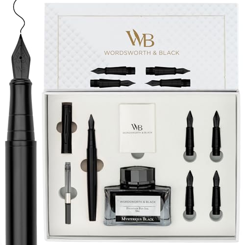 Wordsworth & Black Luxury Fountain Pen Set for Writing, 6 Nibs, All Black | Fountain Ink Bottle, Cartridges & Refill Converter, Refillable, Black, High End Gift for Men & Women, Journaling & Lettering - color: All Black