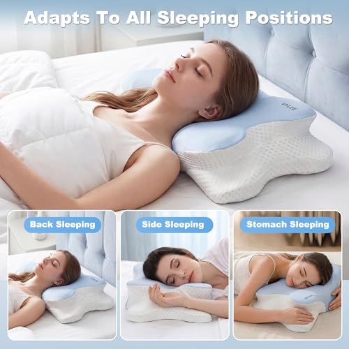 VYLEE Cervical Neck Pillow for Pain Relief, Cooling Memory Foam Pillow - color: Blue and White